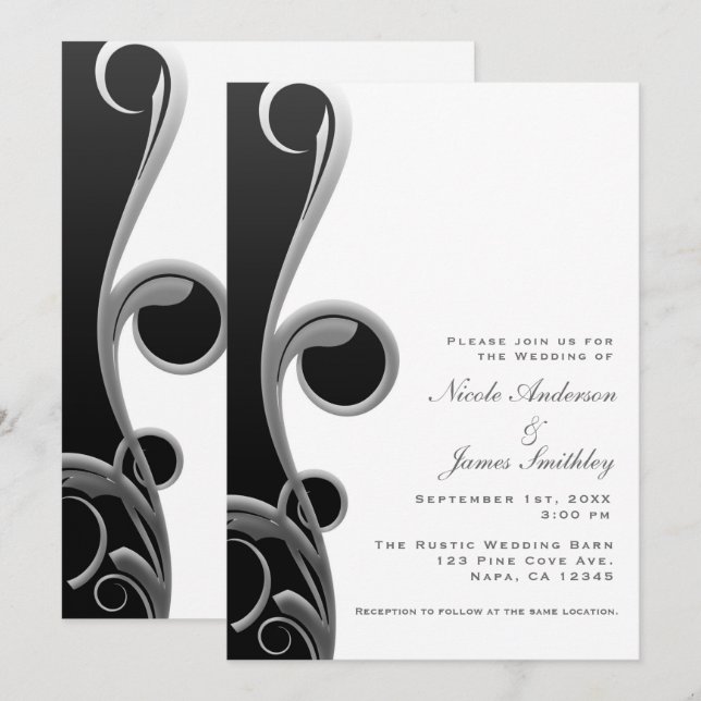 Black Silver White Glam Elegant Swirl Wedding Invitation (Front/Back)