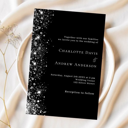 Black silver white glitter wedding invitation