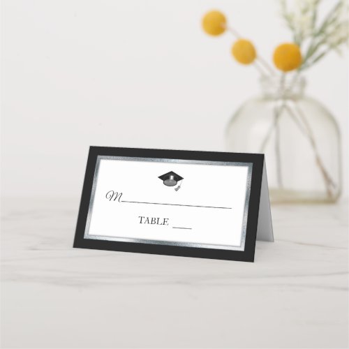 Black  Silver  White Grad Cap Place Cards