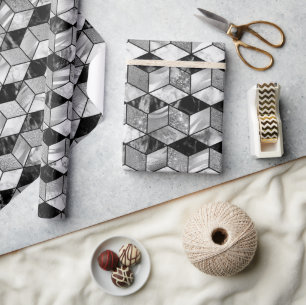 Black, Silver & White Marble Texture Geometric Wrapping Paper