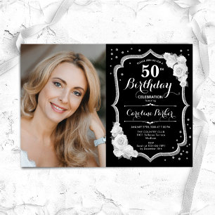 Black Silver White Photo 50th Birthday Invitation
