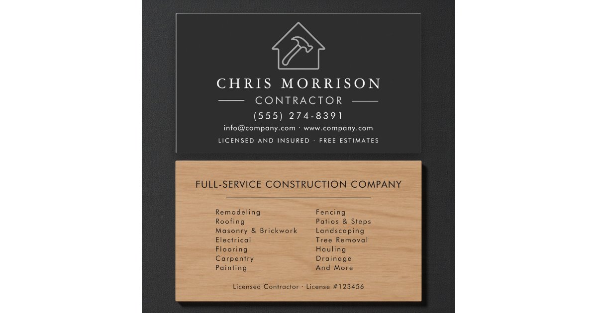 Black Silver Wood Building Construction Contractor Business Card | Zazzle