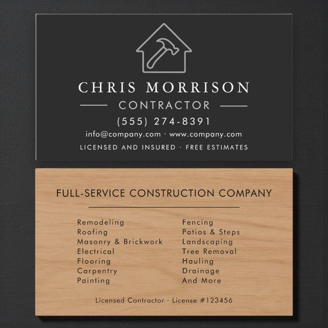 Black Silver Wood Building Construction Contractor Business Card (Creator Uploaded)