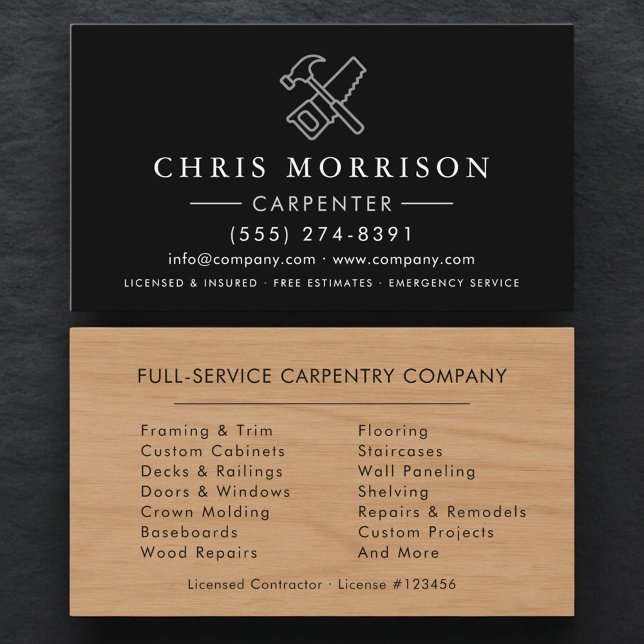 Black Silver Wood Carpenter Carpentry  Business Card (Creator Uploaded)