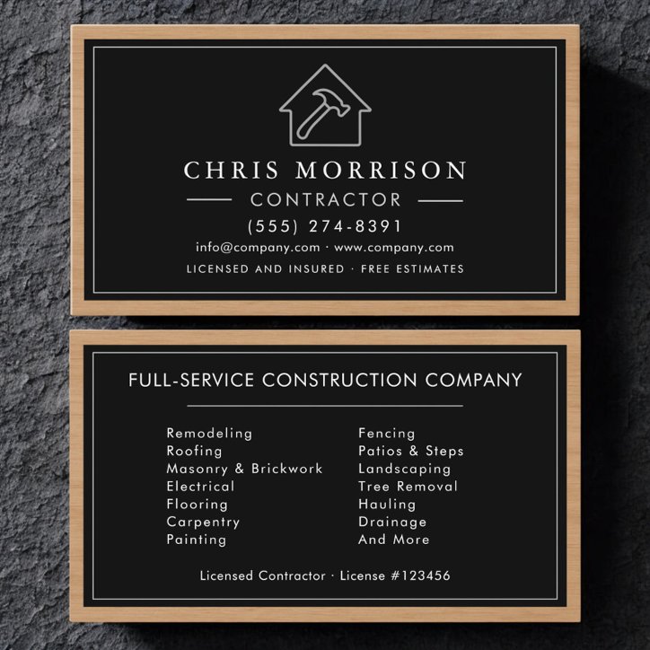 Black Silver Wood Construction Contractor Business Card