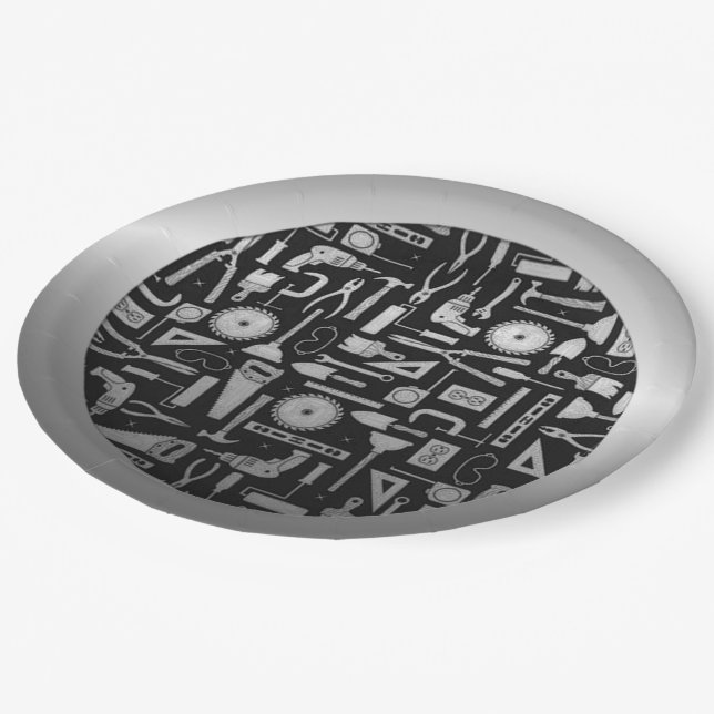Black & Silver Workshop Tools Paper Plates (Angled)