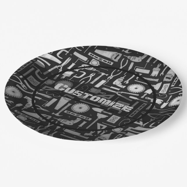Black & Silver Workshop Tools Paper Plates (Angled)