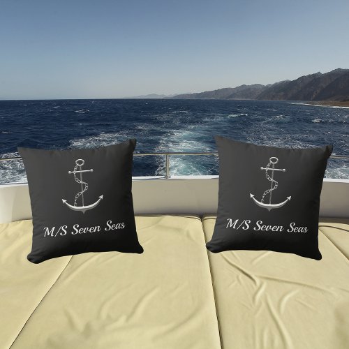 Black silver yacht boat anchor name throw pillow