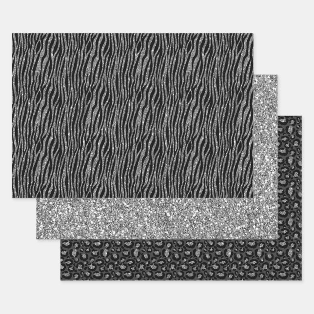 Black Silver Zebra Animal Print Glitter      Wrapping Paper Sheets (Set)