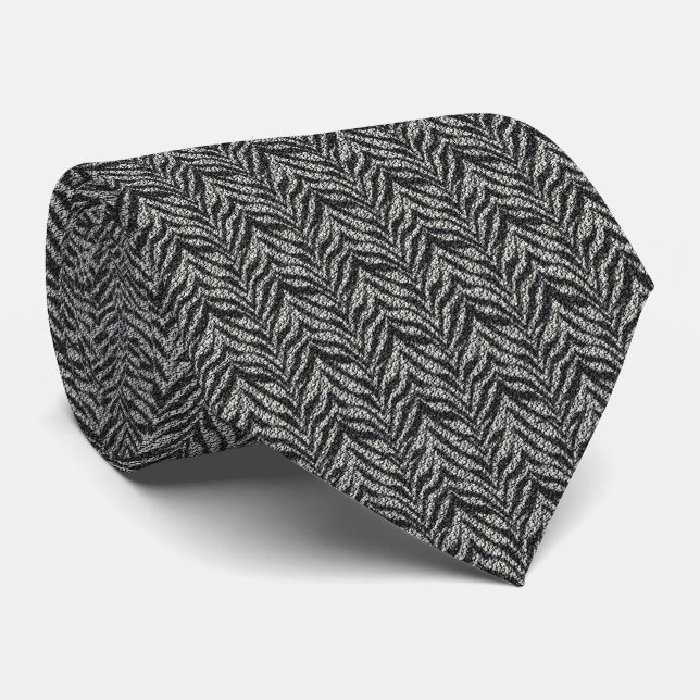 Black Silver Zebra Stripes Pattern Neck Tie (Rolled)