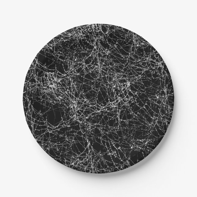 Black & Silvery Spider Webs Chic Halloween Paper Plates (Front)