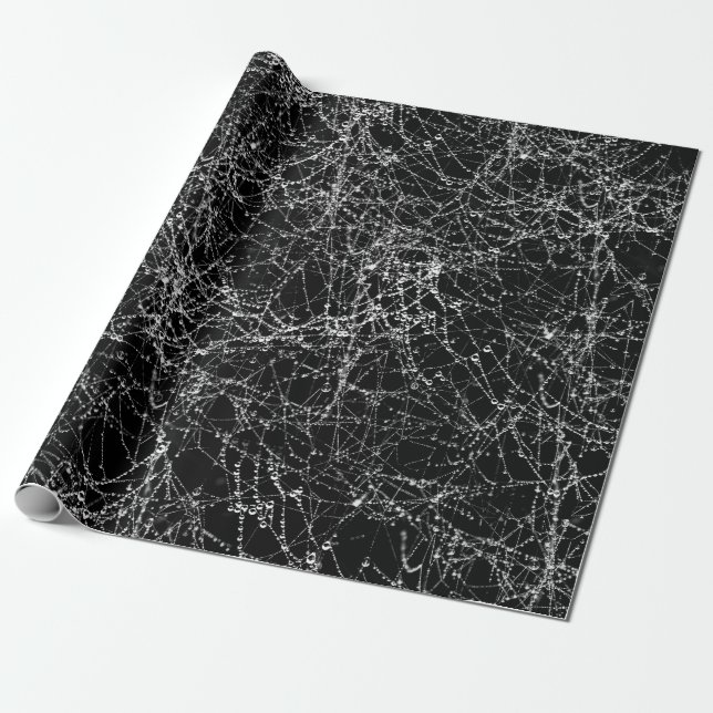 Black & Silvery Spider Webs Chic Halloween Party Wrapping Paper (Unrolled)