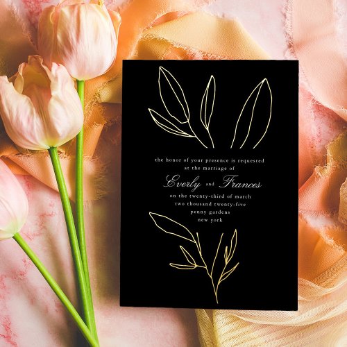 Black Simple Botanical Stem Wedding Gold Foil Invitation