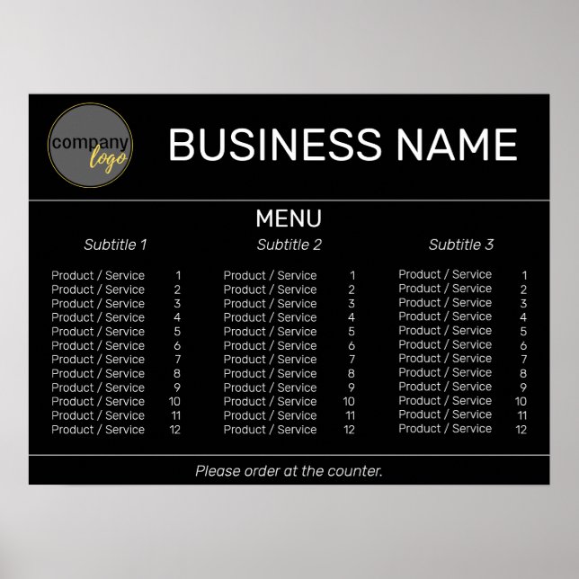 BLACK SIMPLE BUSINESS LOGO BRAND MENU LIST CUSTOM POSTER (Front)