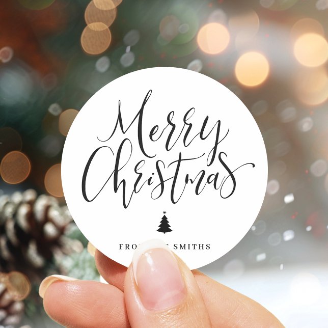 Black Simple Calligraphy Merry Christmas Classic Round Sticker (Black Simple Calligraphy Merry Christmas Classic Round Sticker)