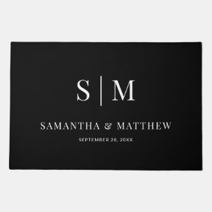 Black Simple Elegant Couple Initials Wedding Date Doormat