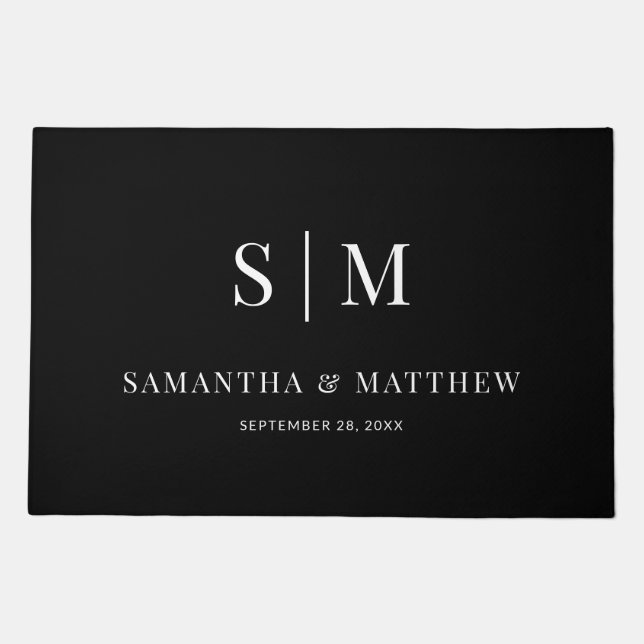 Black Simple Elegant Couple Initials Wedding Date Doormat (Front)
