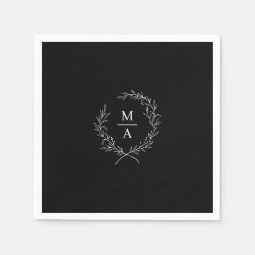 Black Simple Elegant Laurel Wreath Monogram Napkins