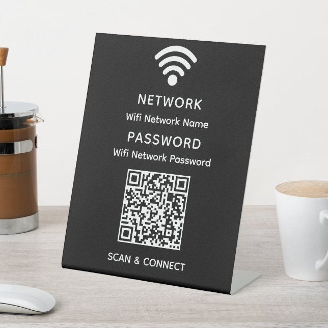 Black Simple Elegant Wifi QR Code Network Password Pedestal Sign (In SItu)
