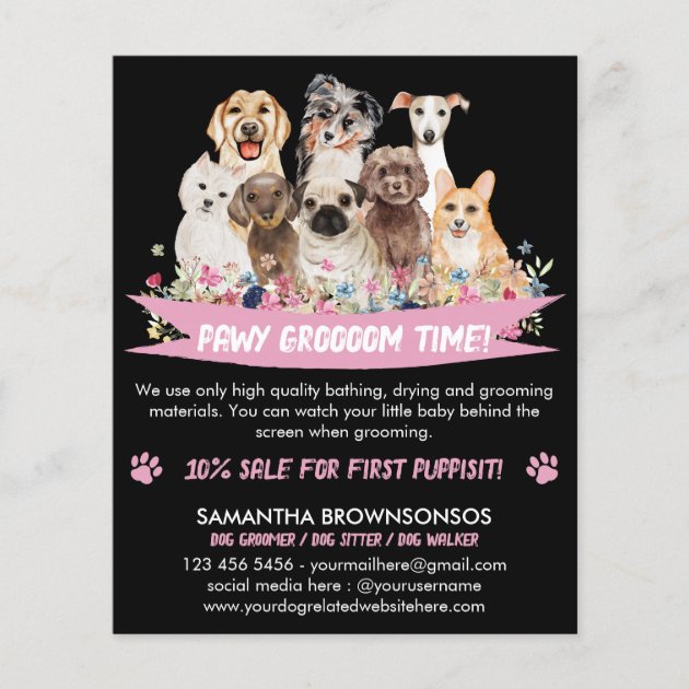 Black Simple Floral Illustrated Dog groomer Flyer