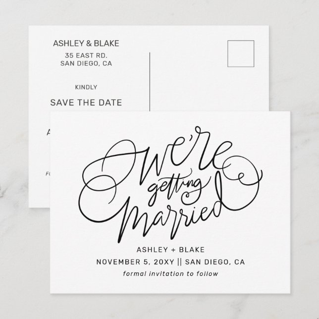 Black Simple Handwritten Calligraphy Save the Date Announcement Postcard (Front/Back)