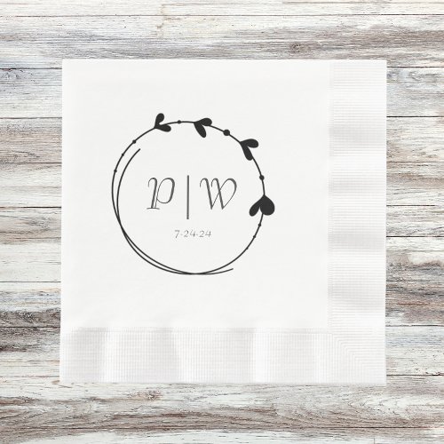 Black Simple Heart Wreath Initials Wedding Napkins