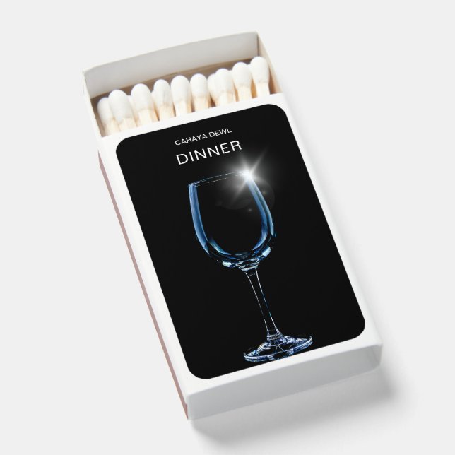 Black Simple Lens Flare Wine Glass Photo Wedding Matchboxes (Front Open)