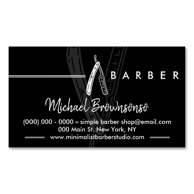 Black Simple Logo Razor Barber Business Card Magnet (Front)
