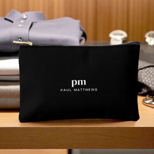 Black Simple Minimalist Monogram and Name Accessory Pouch