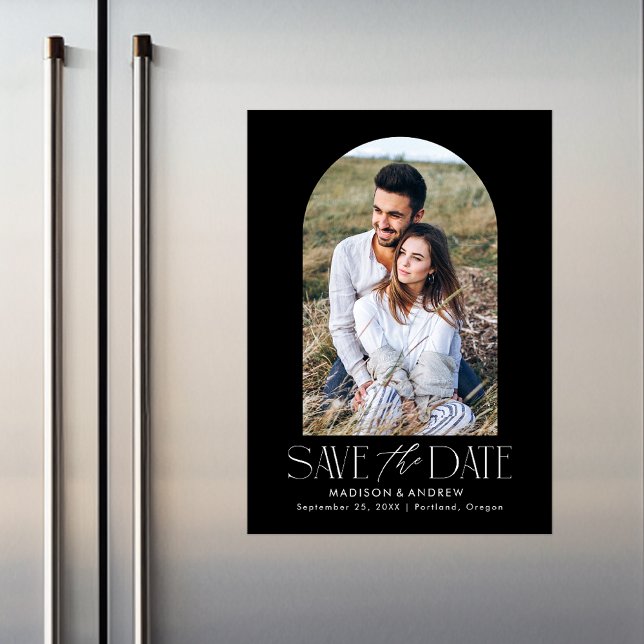 Black | Simple Modern Arch Photo Save the Date Magnetic Invitation (Creator Uploaded)