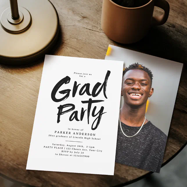 Grad Party Invite Script Black Simple Modern Brush Script Grad Party Invitation | Zazzle