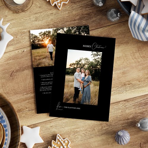 Black Simple Modern Christmas Letter and Photo Holiday Card