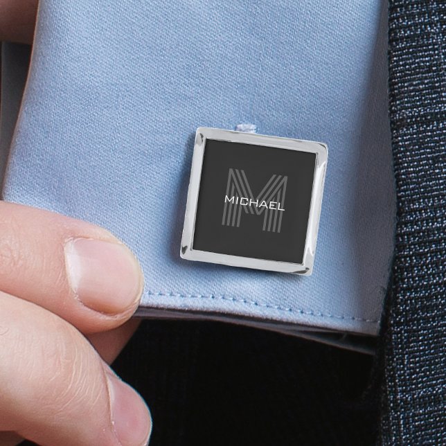 Black Simple Modern Minimalist Monogram Initial Cufflinks (simple black name monogram square silver cufflinks)