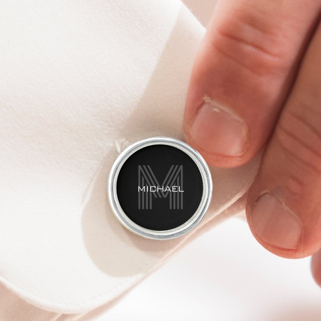 Black Simple Modern Minimalist Monogram Initial Cufflinks (simple black modern name monogram silver cufflinks)