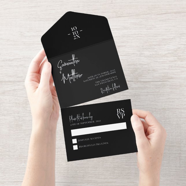 Black Simple Modern Minimalist Silver Foil Wedding All In One Invitation (Tearaway)