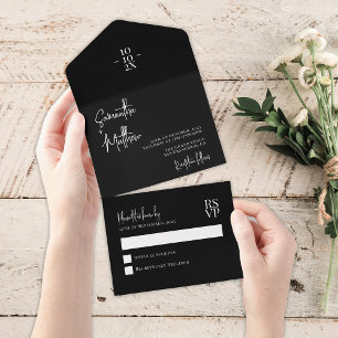 Black Simple Modern Minimalist Wedding All In One Invitation