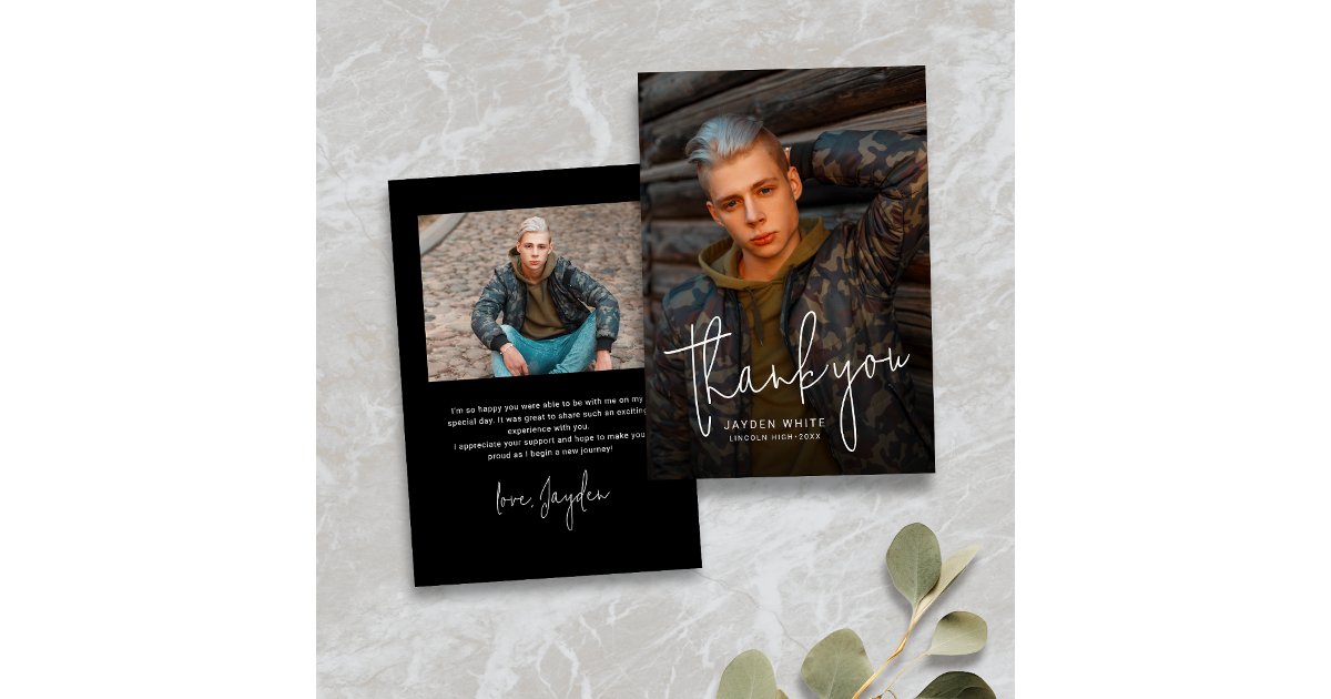 Black Simple Modern Script 2 Photo Graduation Thank You Card | Zazzle