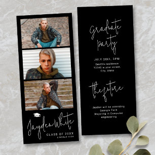 Black Simple Modern Script 3 Photo Graduation Invitation