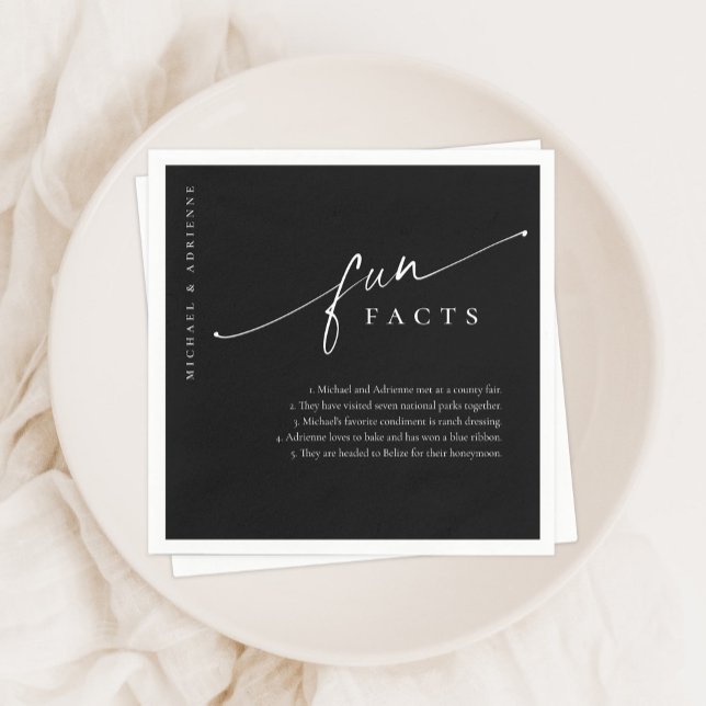 Black Simple Modern Script Fun Facts Wedding Napkins (Creator Uploaded)
