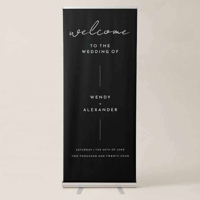 Black Simple Modern Script Wedding Welcome Retractable Banner (Front)
