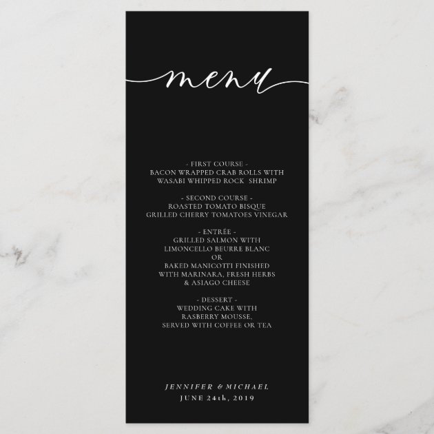 Black Simple Modern Wedding Ceremony Dinner Menu