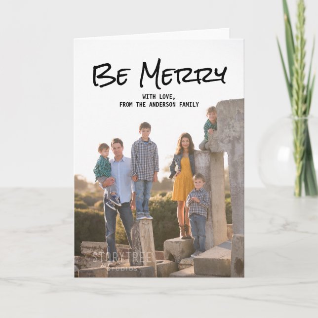 Black Simple Script Be Merry Photo Card (Front)