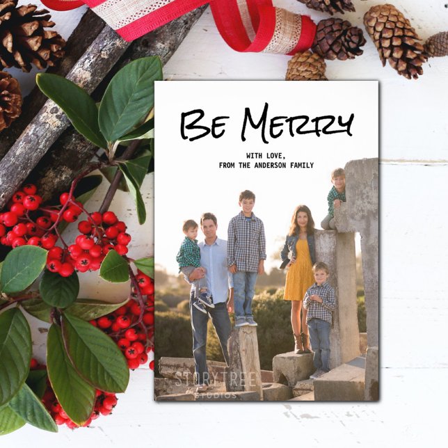Black Simple Script Be Merry Photo Flat Card (Black Simple Script Be Merry Holiday Photo Card)