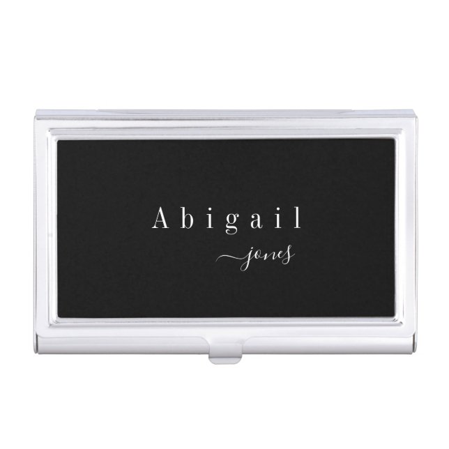 Black Simple Script Name Modern personalized Business Card Case (Front)
