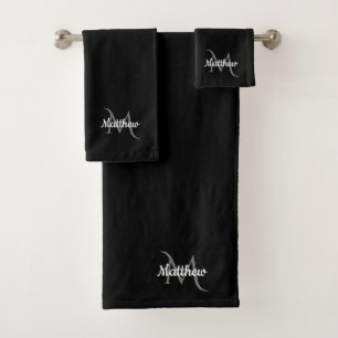 Black Simple Script White Gray Monogram Name Bath Towel Set