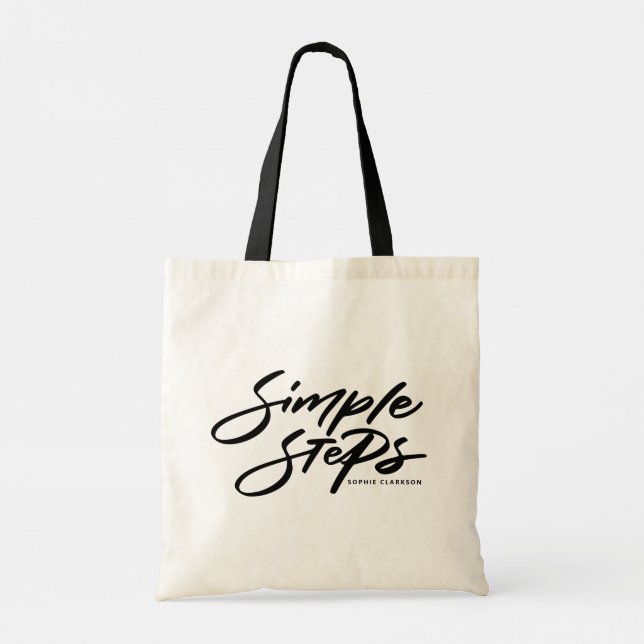 Black Simple Steps Quote Modern Calligraphy Tote Bag (Back)