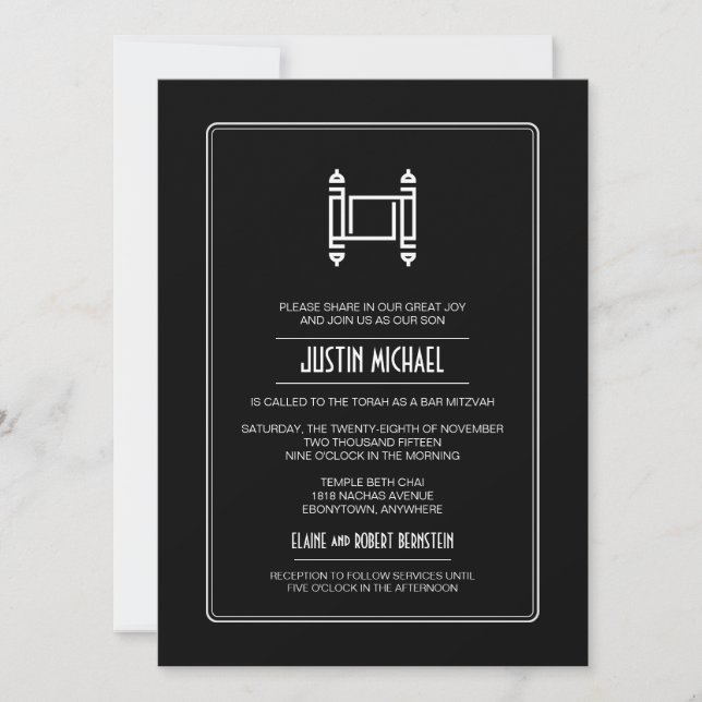 Black Simple Torah Bar Mitzvah Invitation (Front)