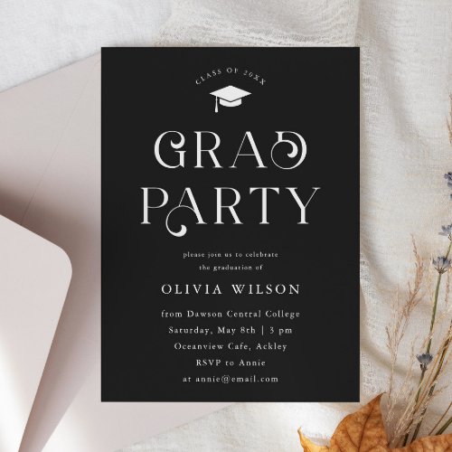 Black Simple Typography Grad Party  Invitation