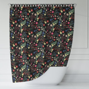 Black Simple Vintage Wildflower Pattern Shower Curtain