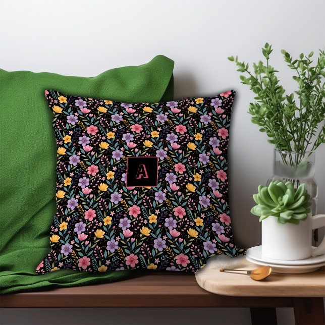 Black simple wildflower pattern monogram throw pillow (Creator Uploaded)